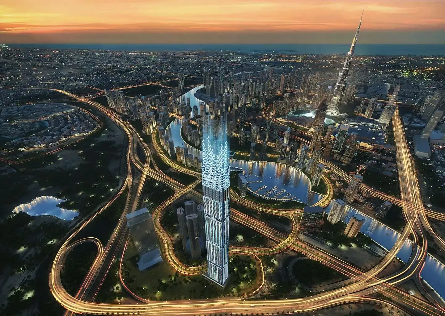 Aerial dusk view of tower and highways