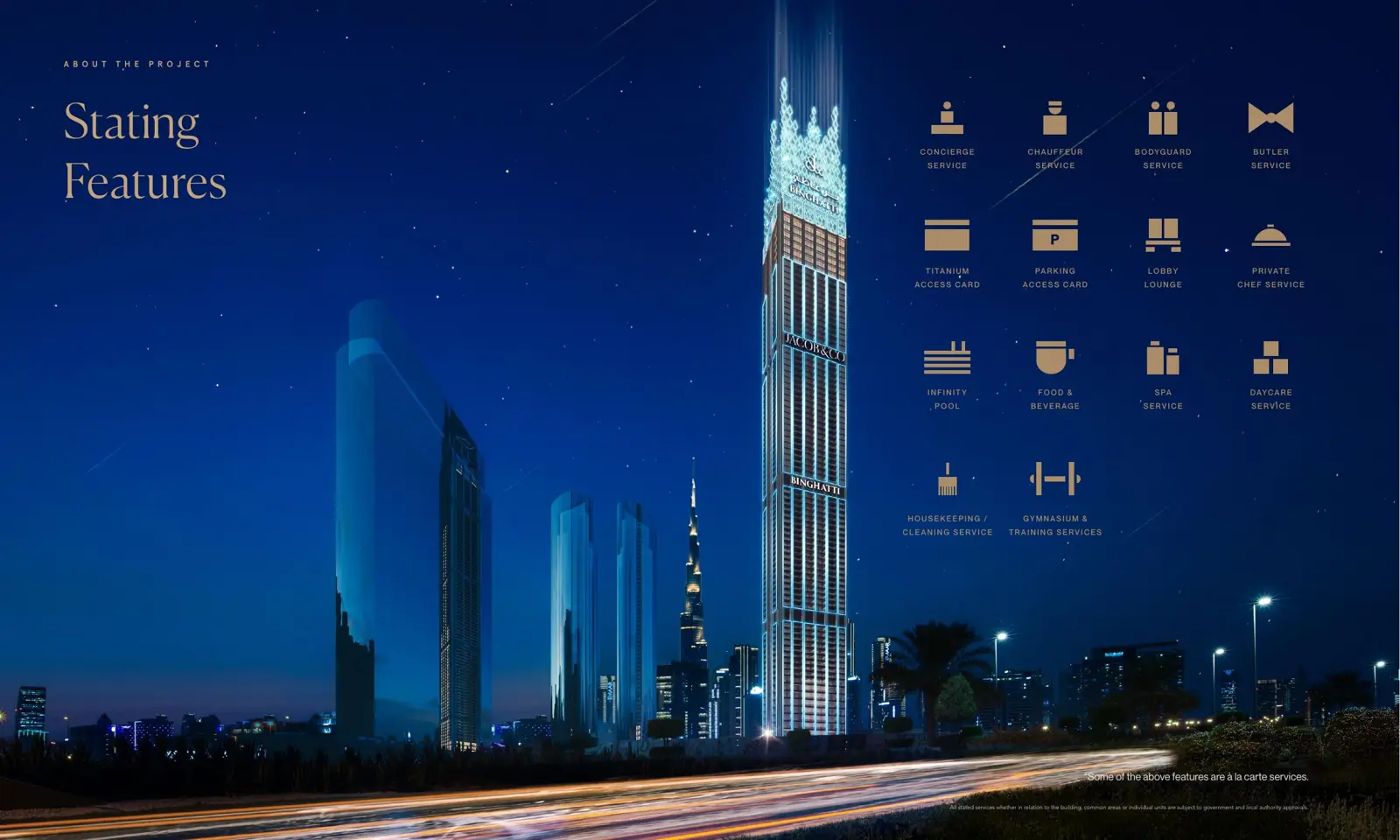 Night view of tower with service icons