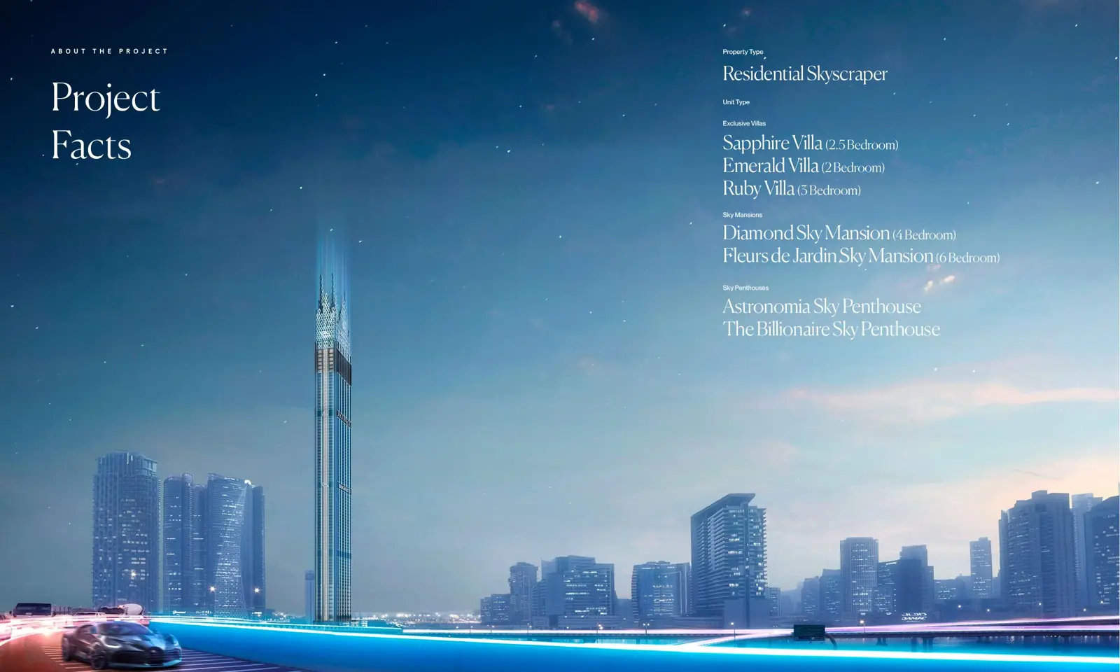 Tower at dusk with project facts list
