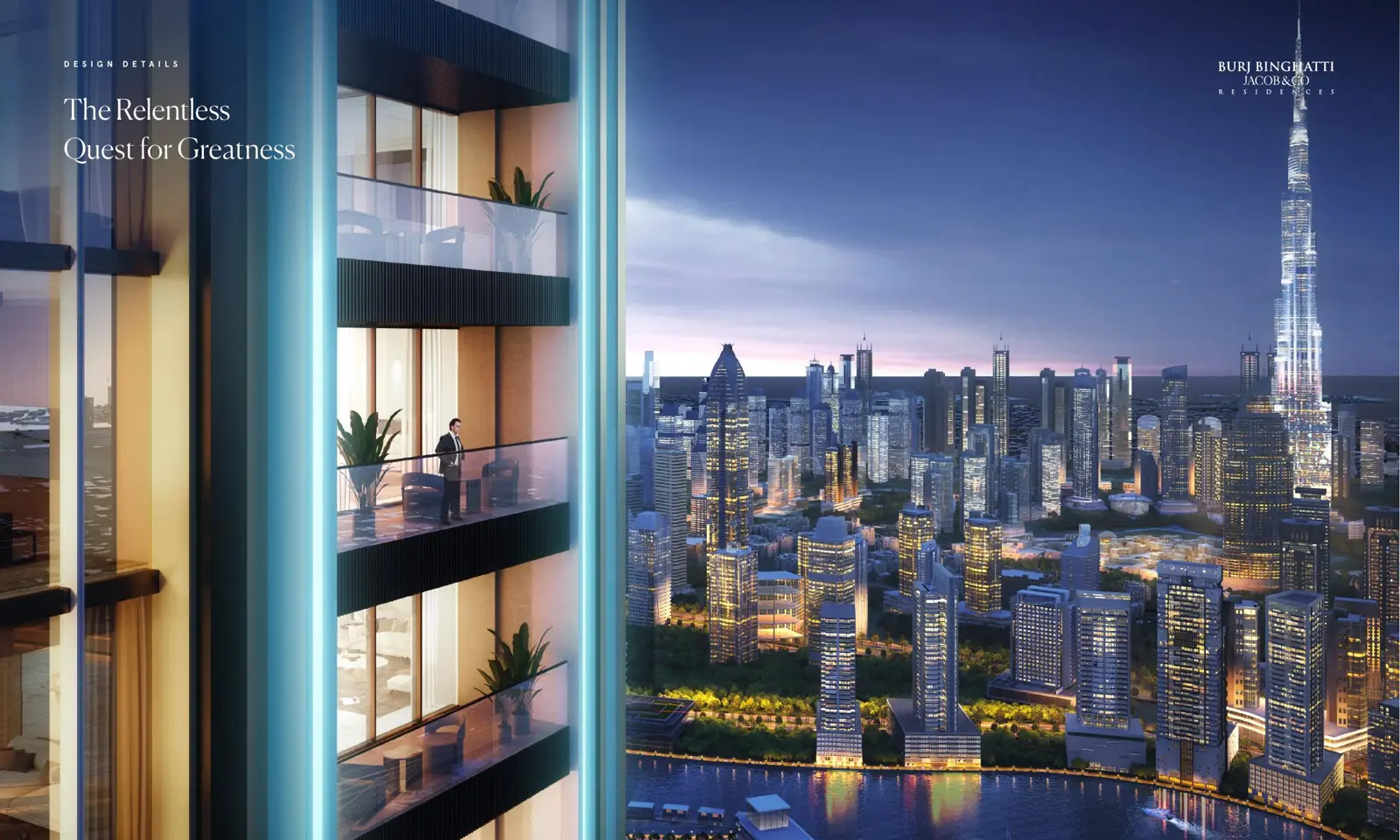 Balcony with view toward Burj Khalifa at dusk