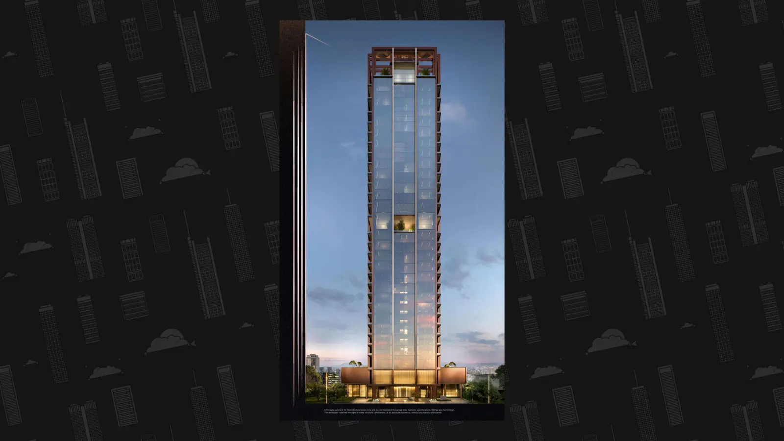 Full slender glass tower at dusk with bronze frame