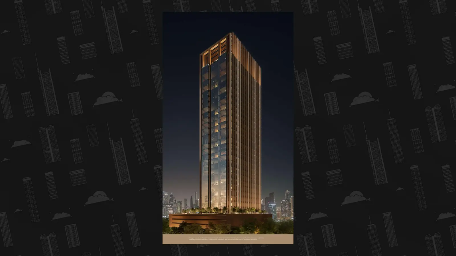 Tower at night with bronze vertical fins