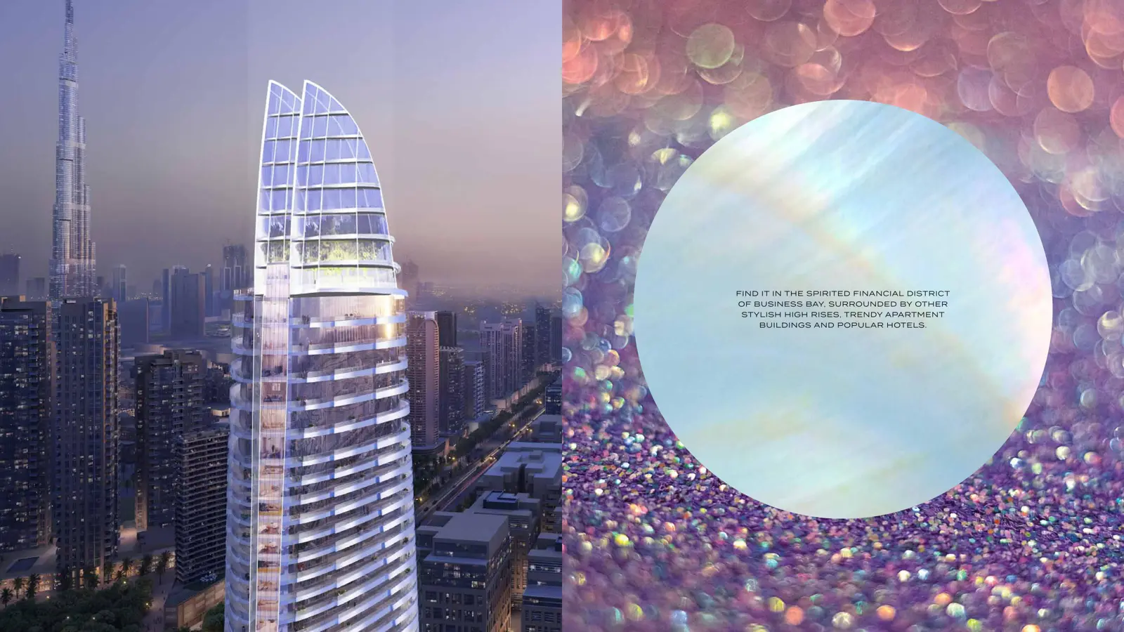 Crown of the tower with curved glass sails near Burj Khalifa