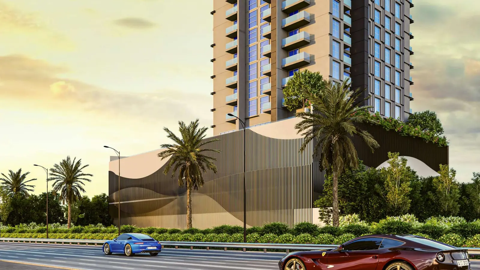 Podium facade and tower base from the road