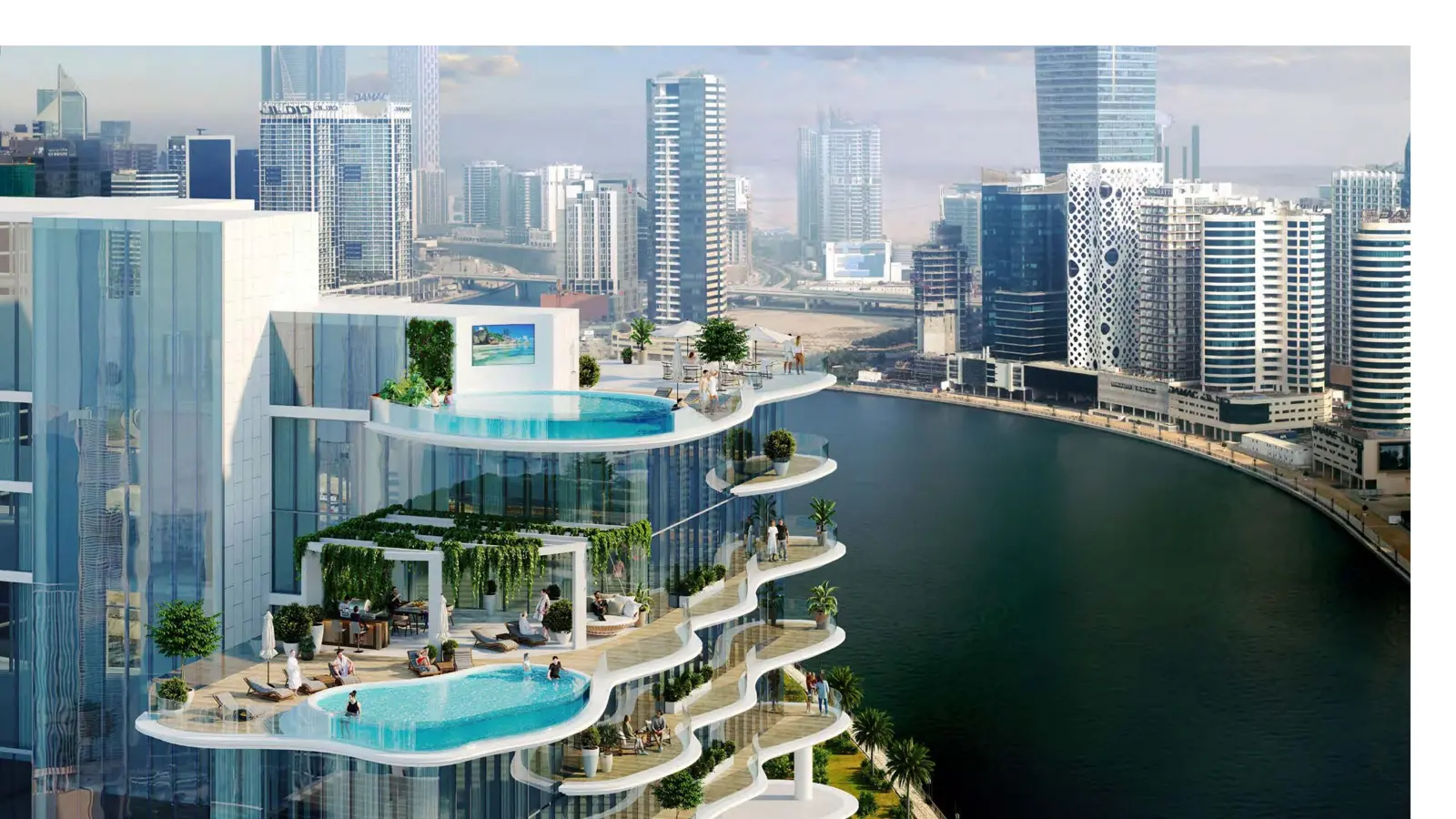 Terraces with infinity pools above Dubai Canal