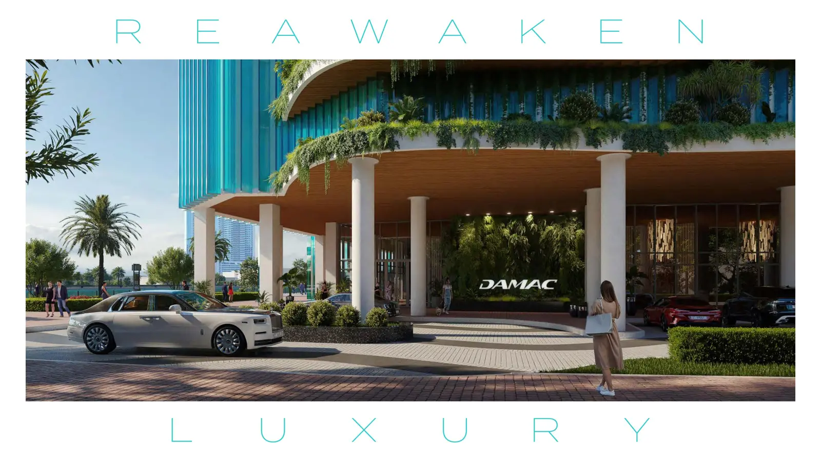 Tower entrance with drop-off, car and green wall