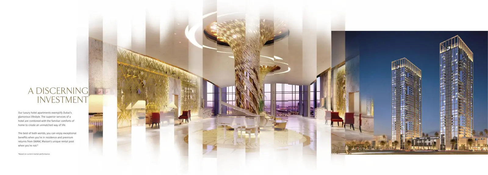 Two towers at dusk and a golden lobby