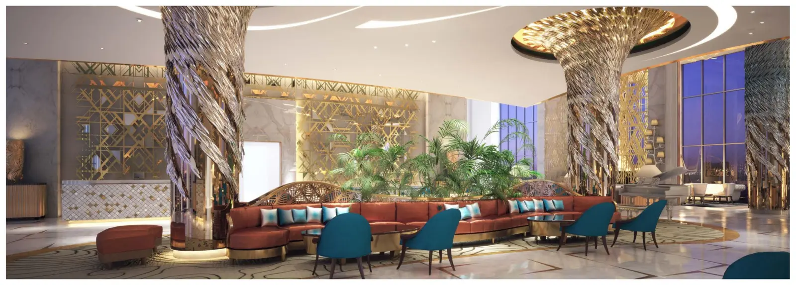 Lobby lounge with twisted golden columns