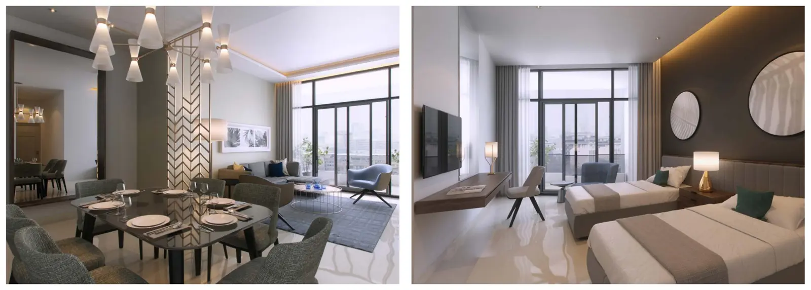 Dining and living area, and twin-bed room