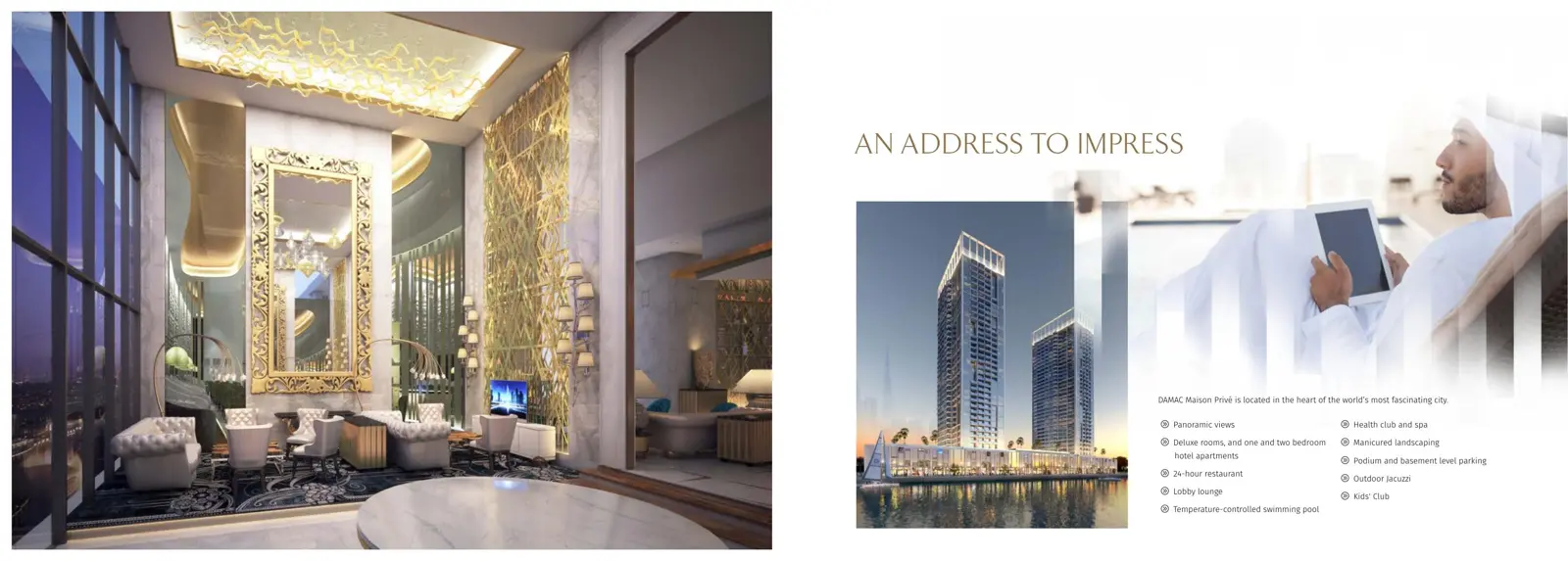 Double-height lounge; towers rising from the waterfront podium