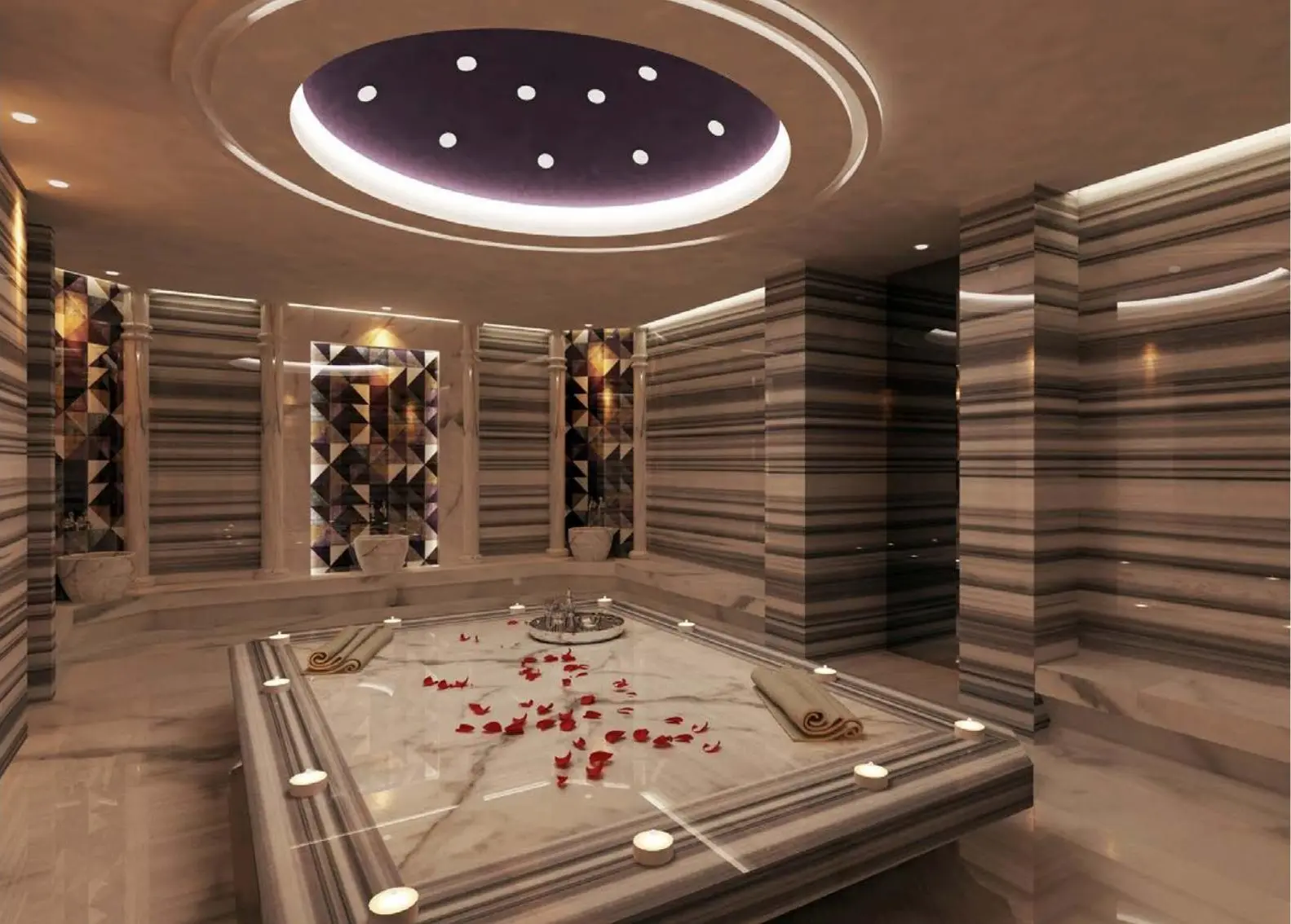 Marble steam room with rose petals
