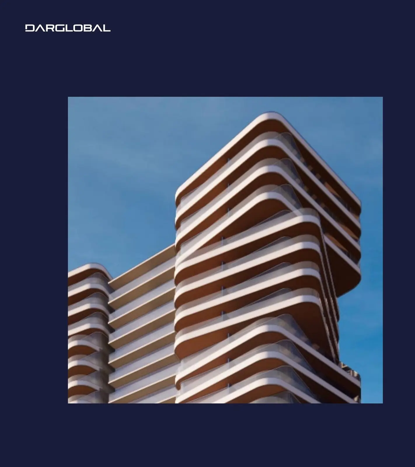 Close view of curved balcony bands against blue sky