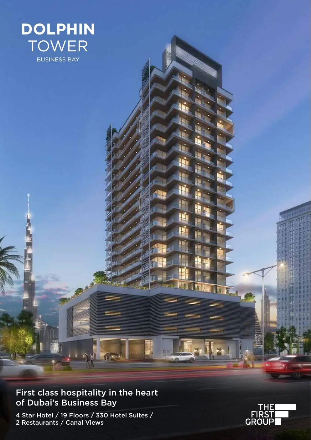 Tower with terraced balconies rising above a low podium at dusk
