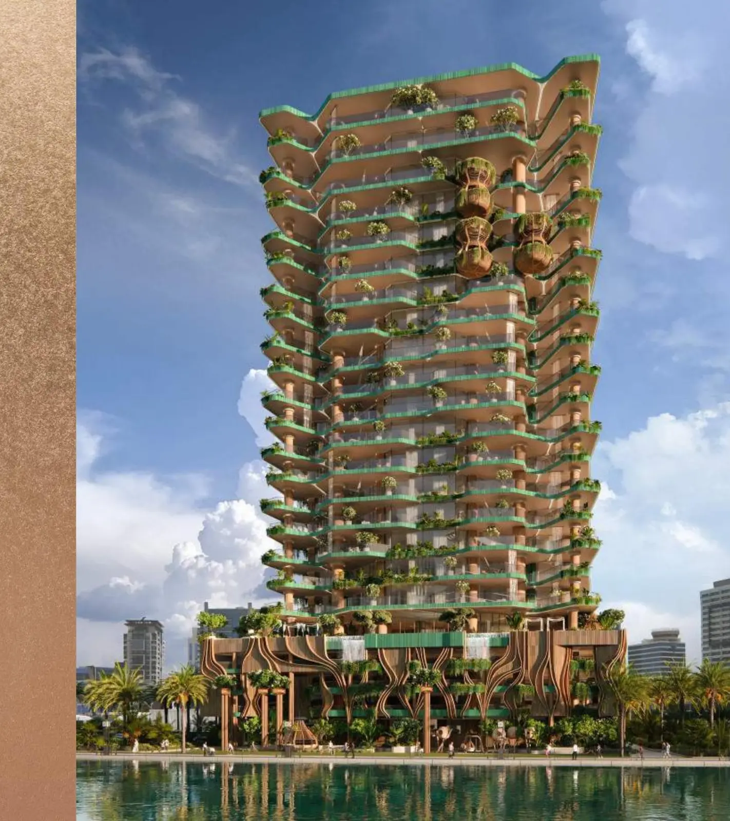 Full tower with green terraces seen from the water