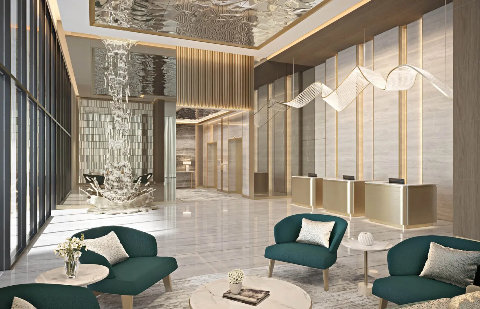 Lobby with reception desks and sculptural lighting