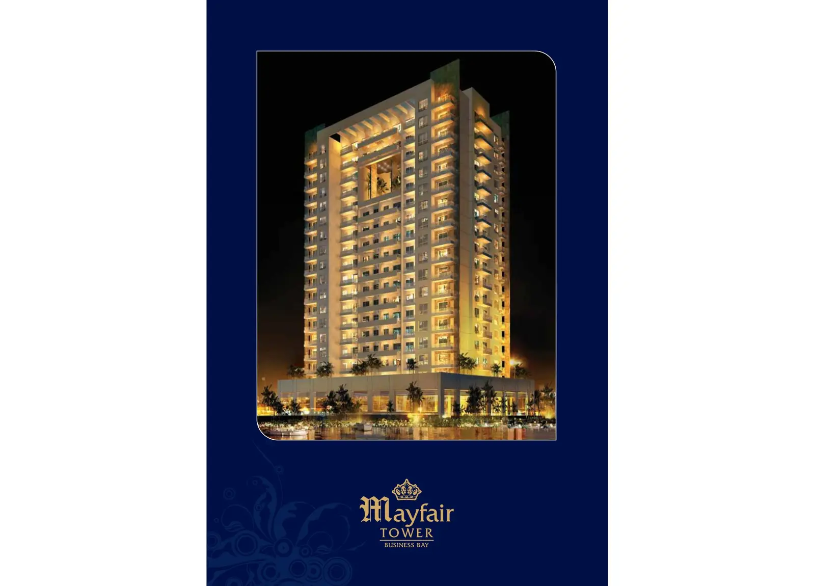 Mayfair Tower lit up at night on the brochure cover