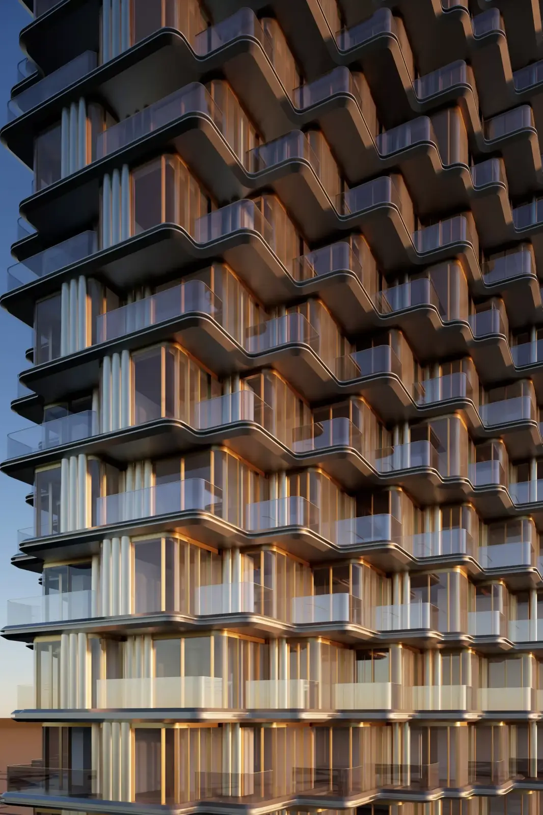 Tower facade with wavy balconies and glass railings