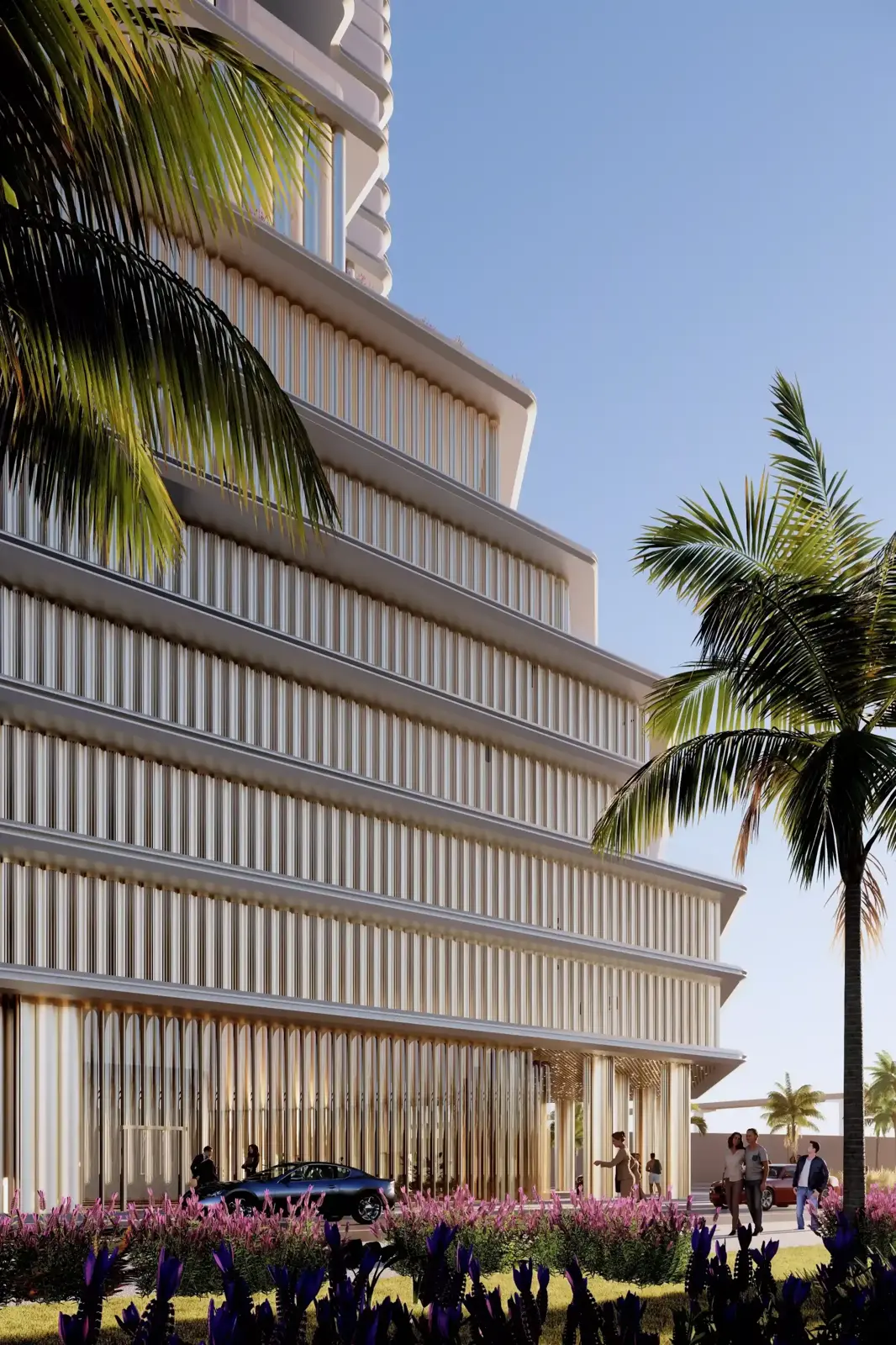 Layered podium facade with garden at street level