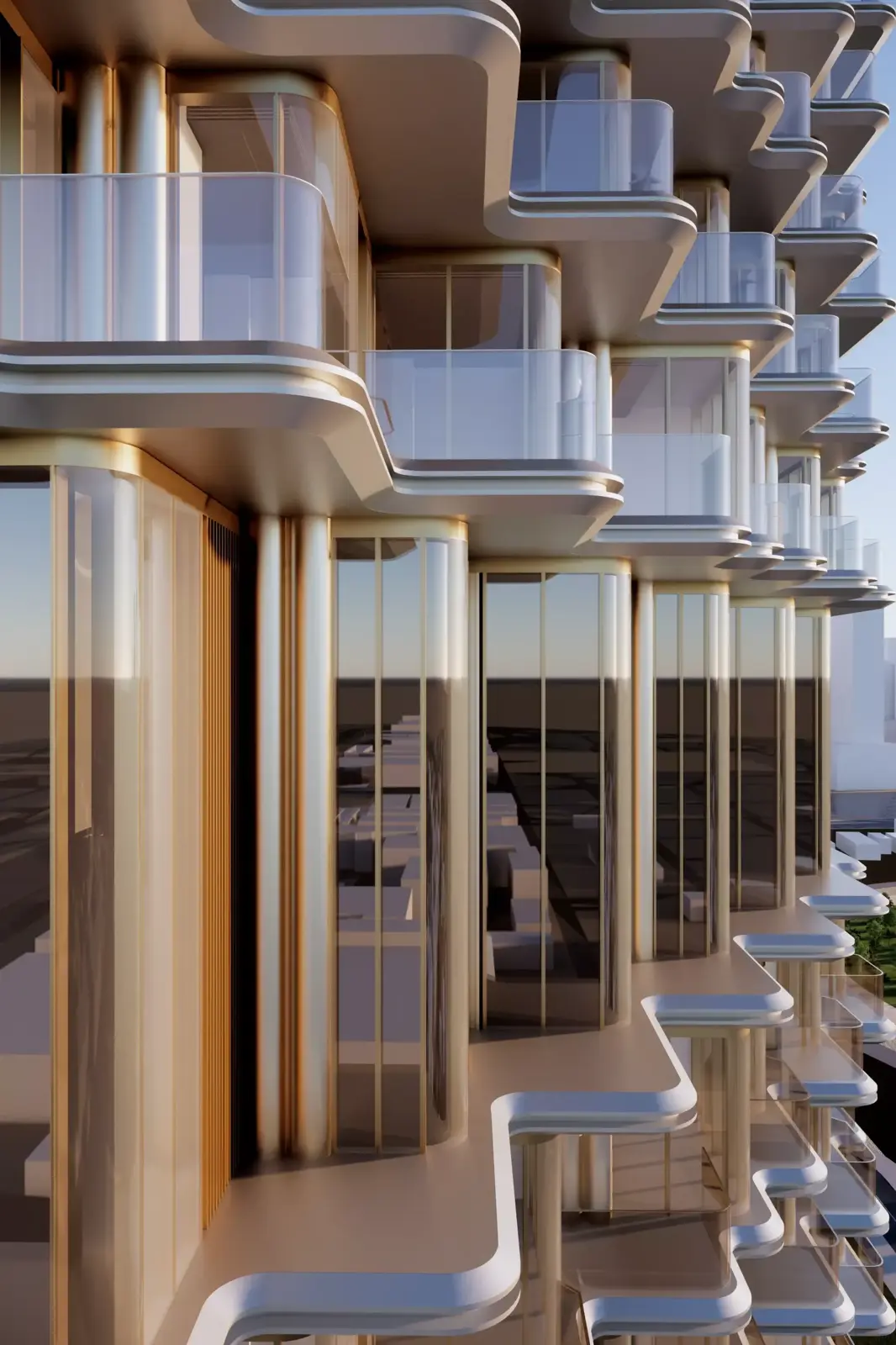 Close view of curved balconies and glass columns