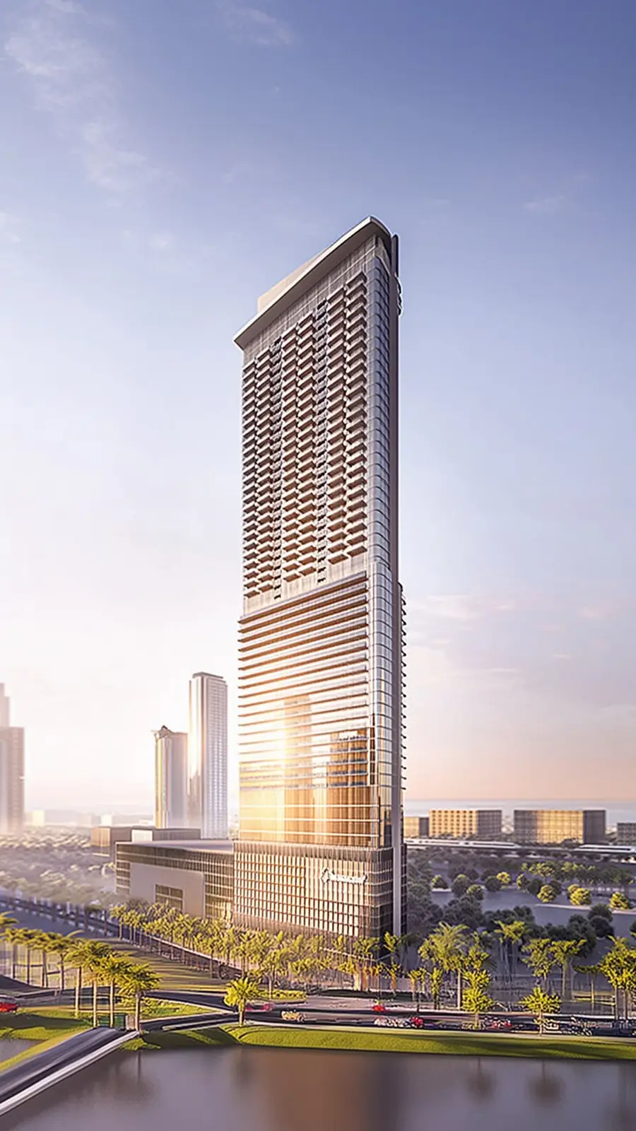 Tall glass tower beside a waterway and palm-lined road