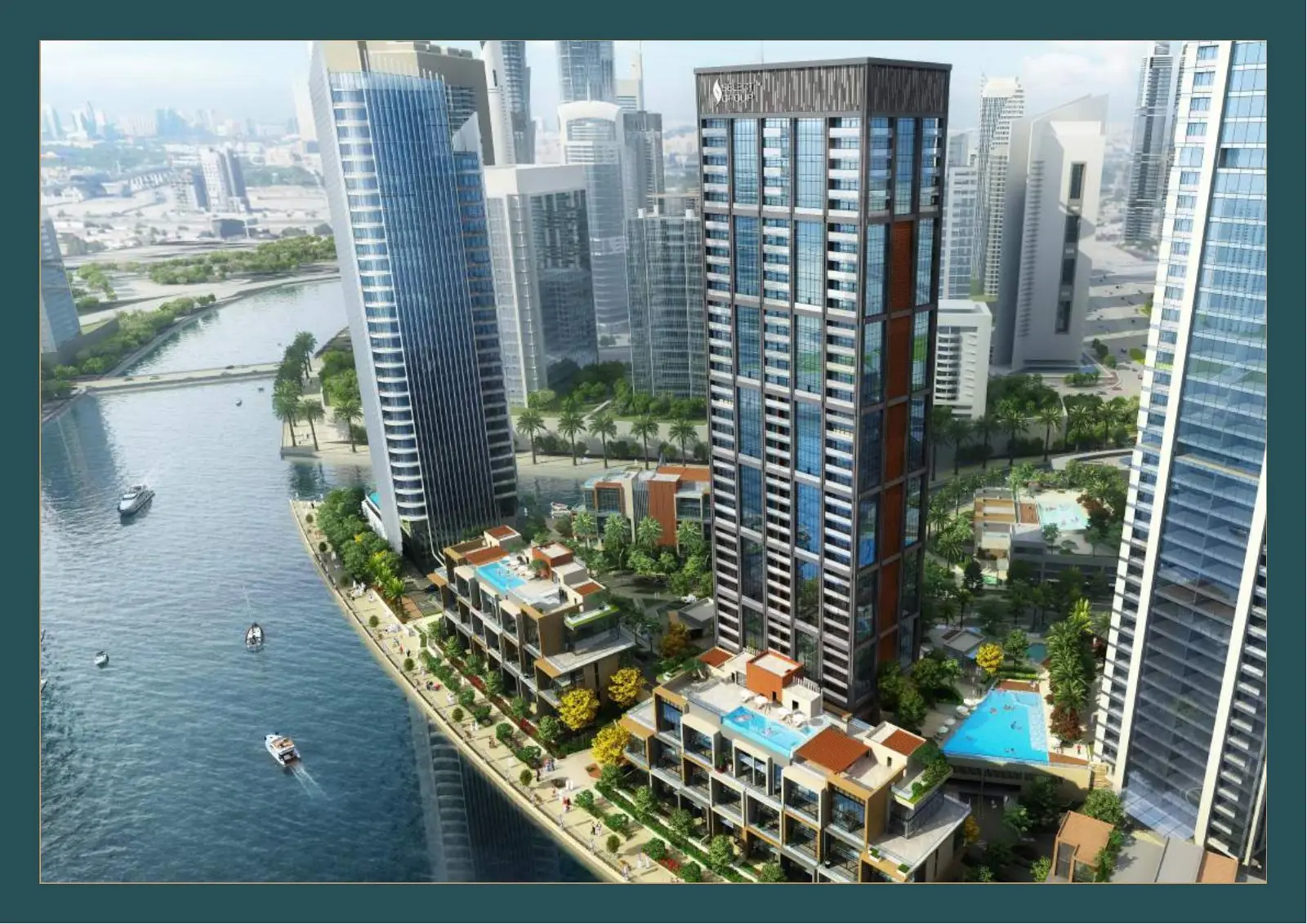 Aerial view of the tower, duplexes and pools