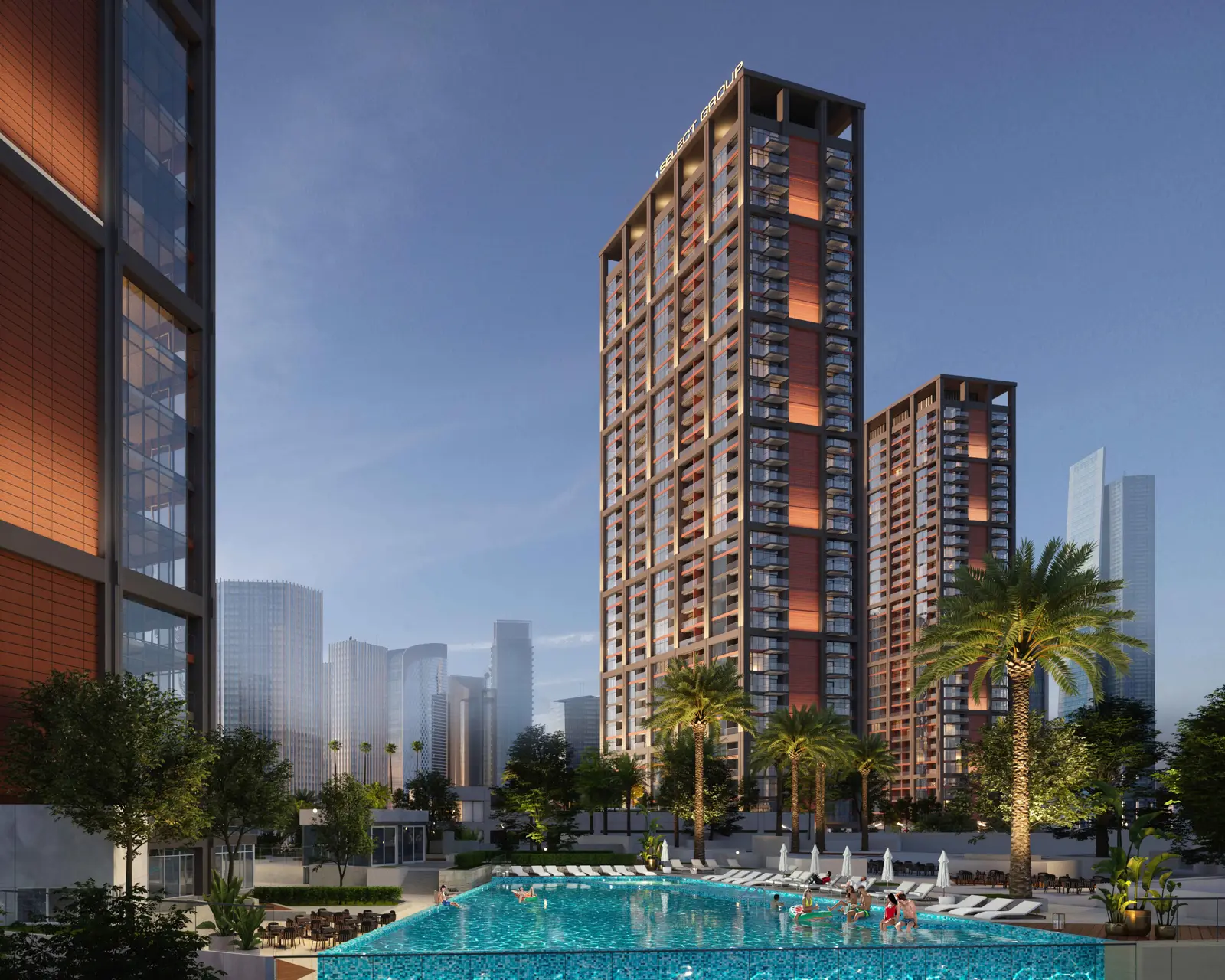 Tower rising behind the infinity pool at dusk