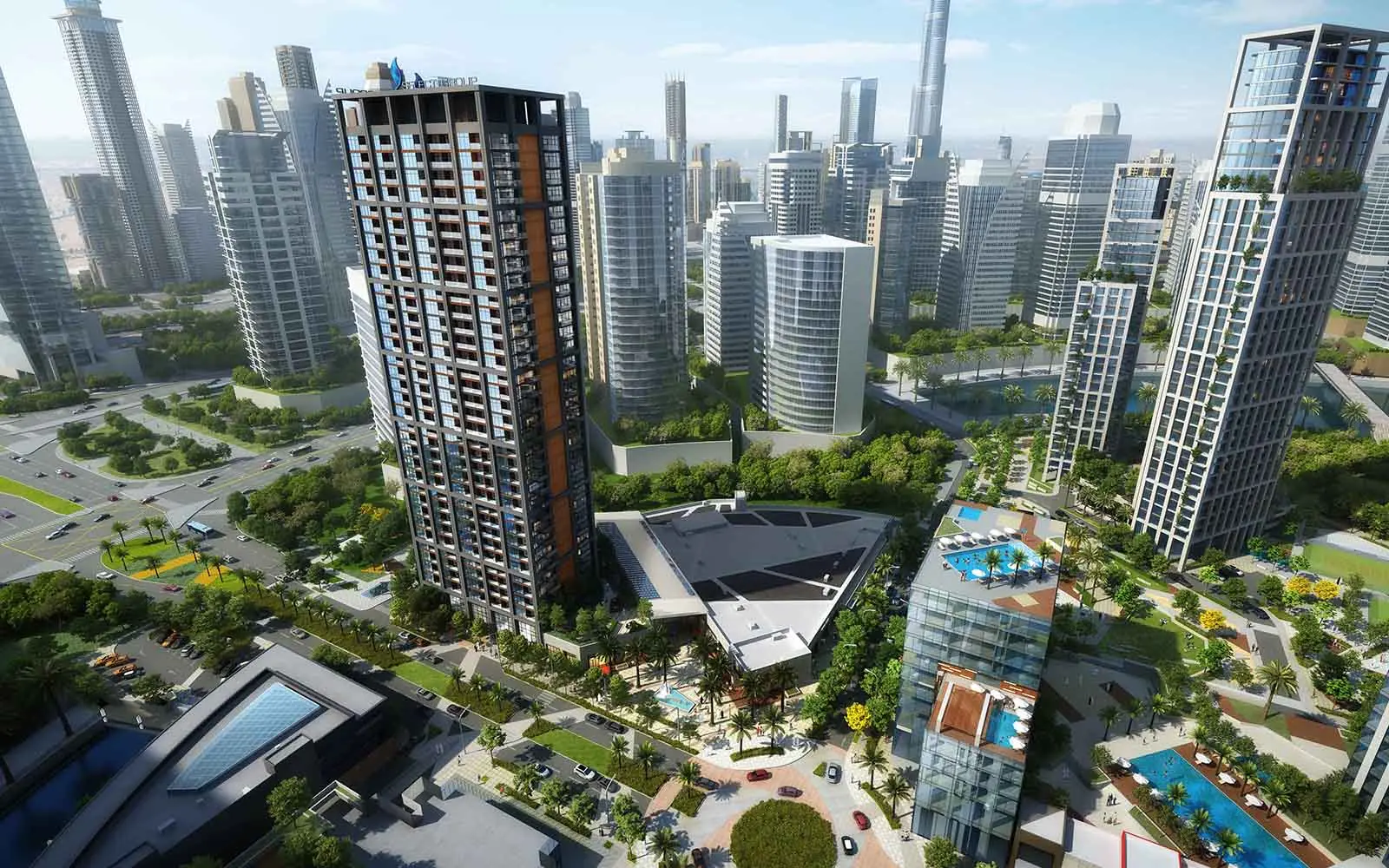 Aerial view of the tower and surrounding community