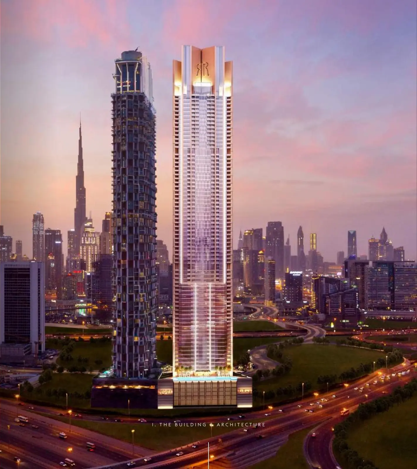 Regalia tower at dusk beside Burj Khalifa skyline
