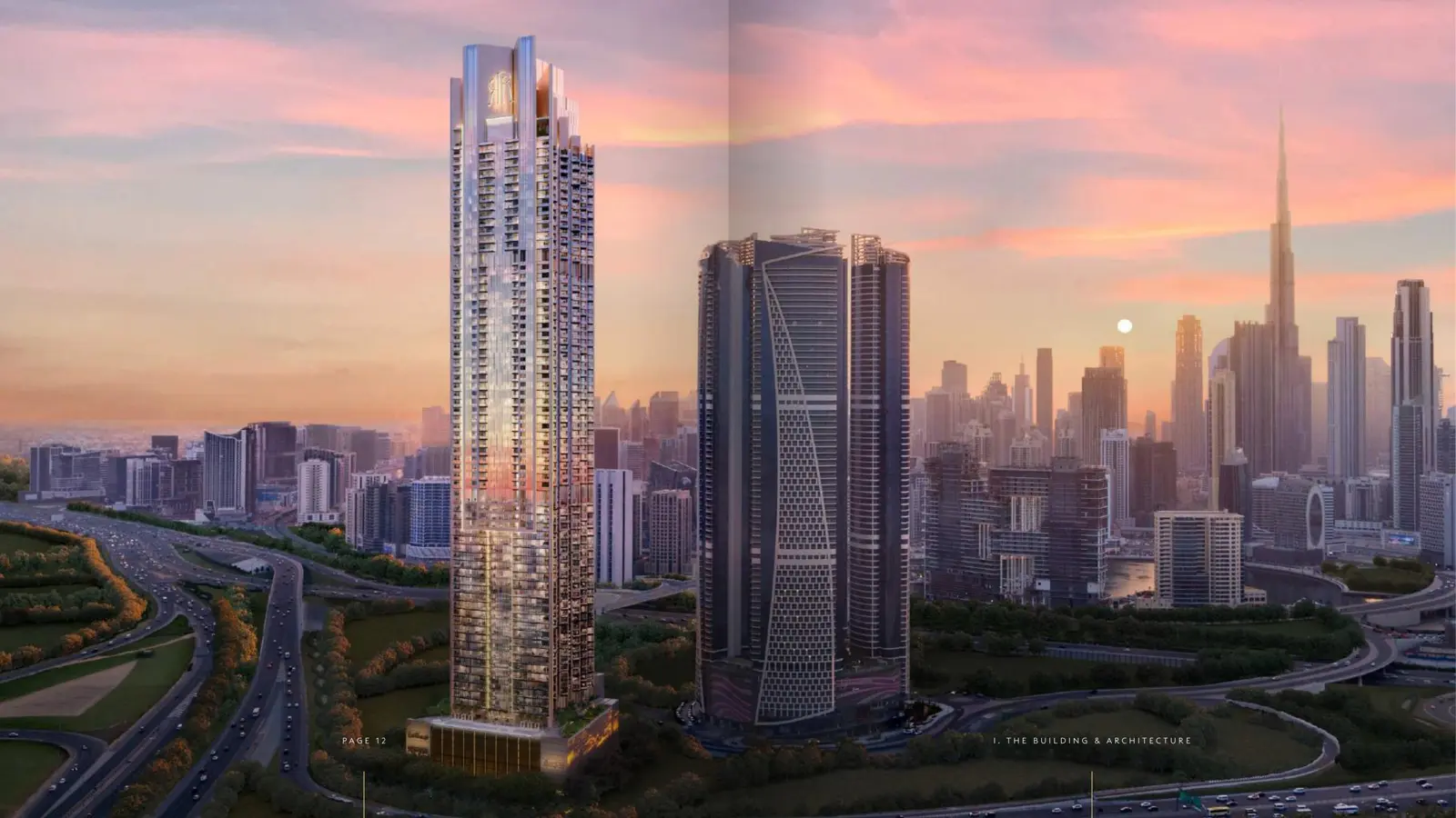Regalia tower at sunset above Business Bay roads