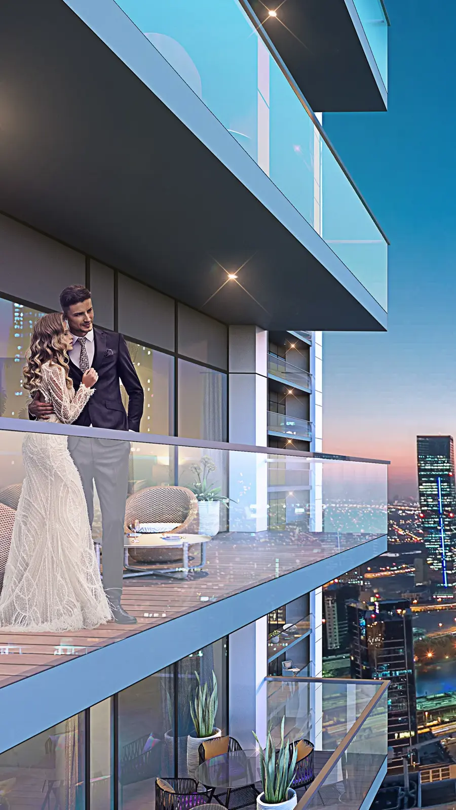 Couple on a tower balcony at dusk