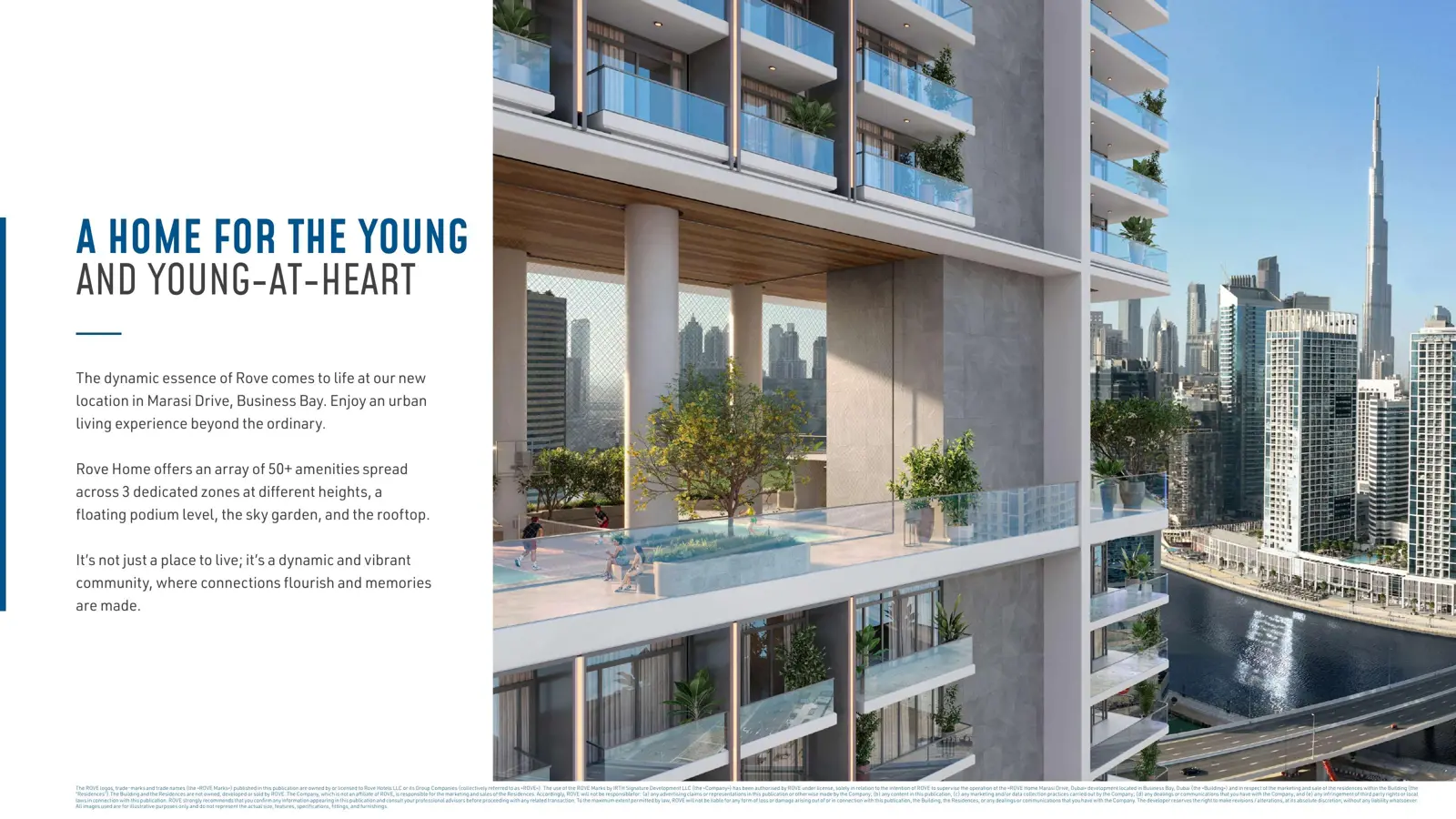 Tower balconies and podium pool with Burj Khalifa view