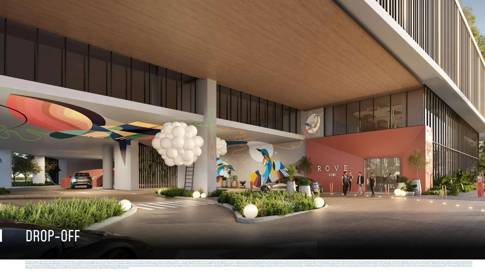 Building drop-off with colourful mural and Rove sign