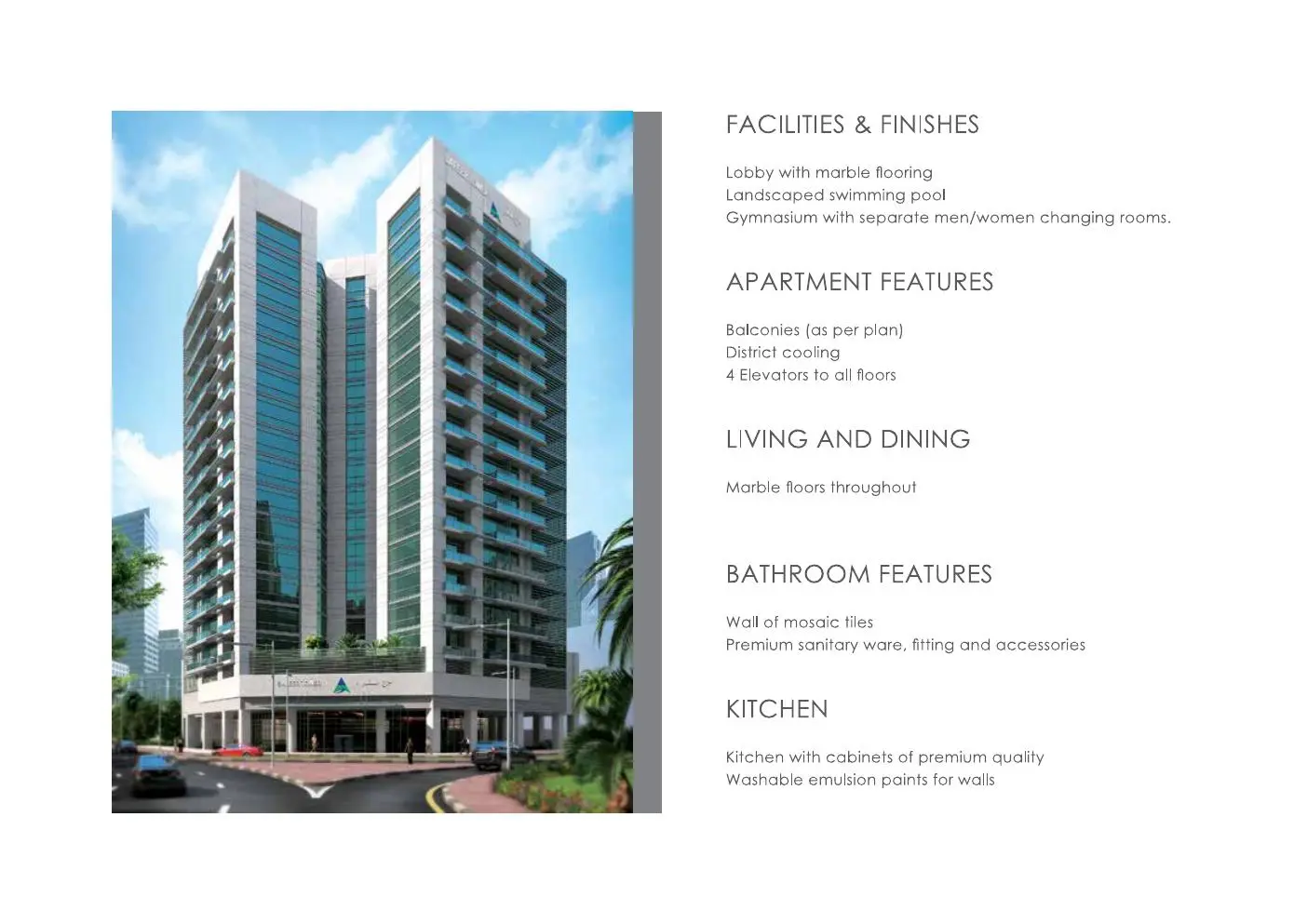 Tower street view with facilities and finishes list