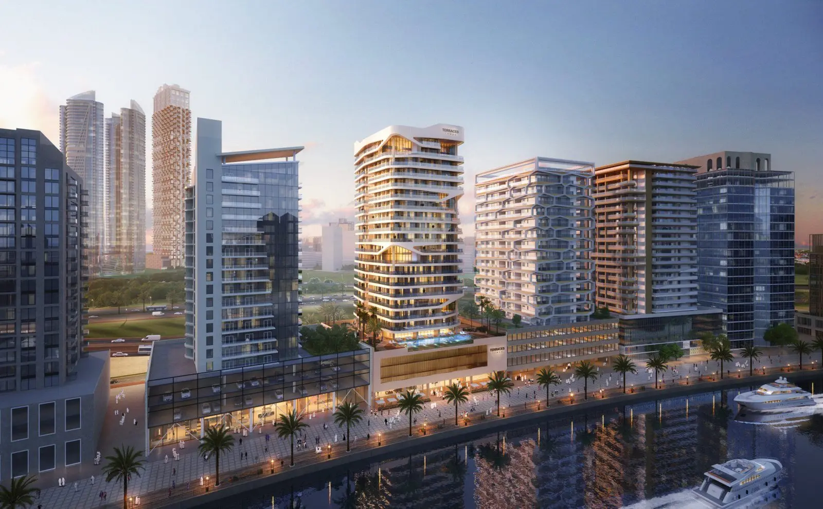 Tower with curved facade beside the Dubai Canal
