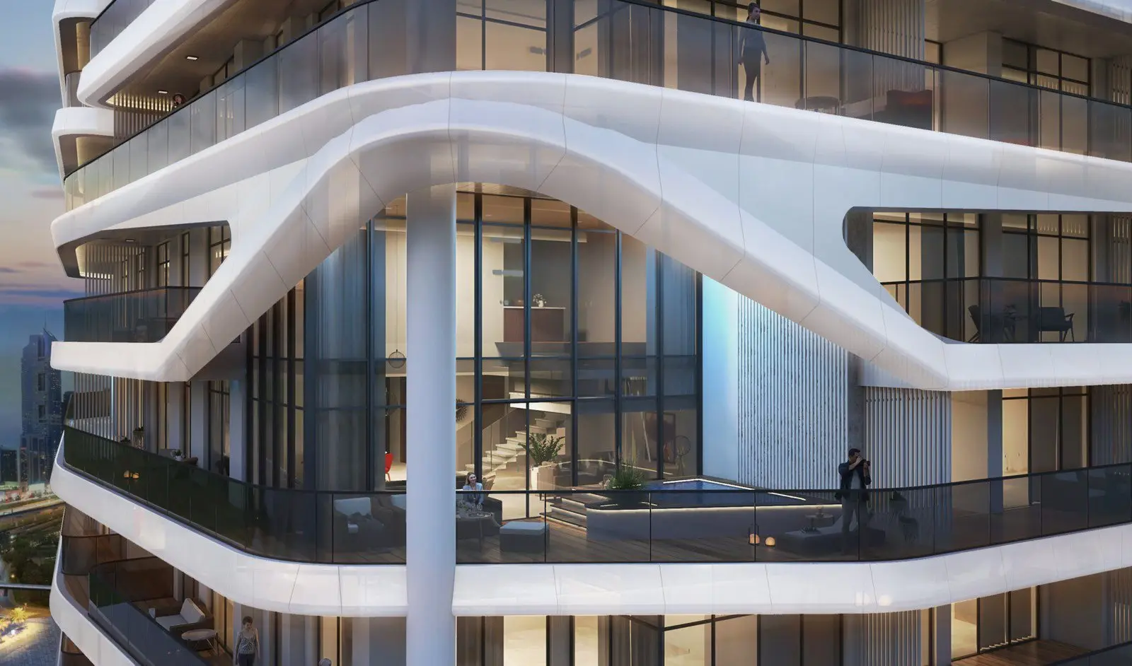 Curved white terraces and glazed duplex on the facade