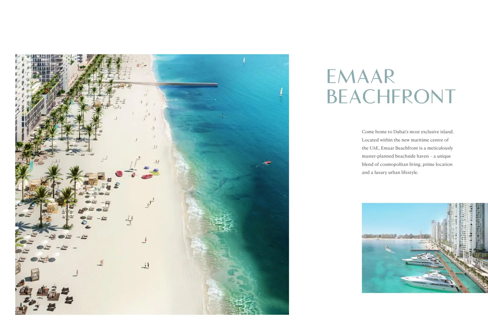 Aerial view of the beach, towers and marina