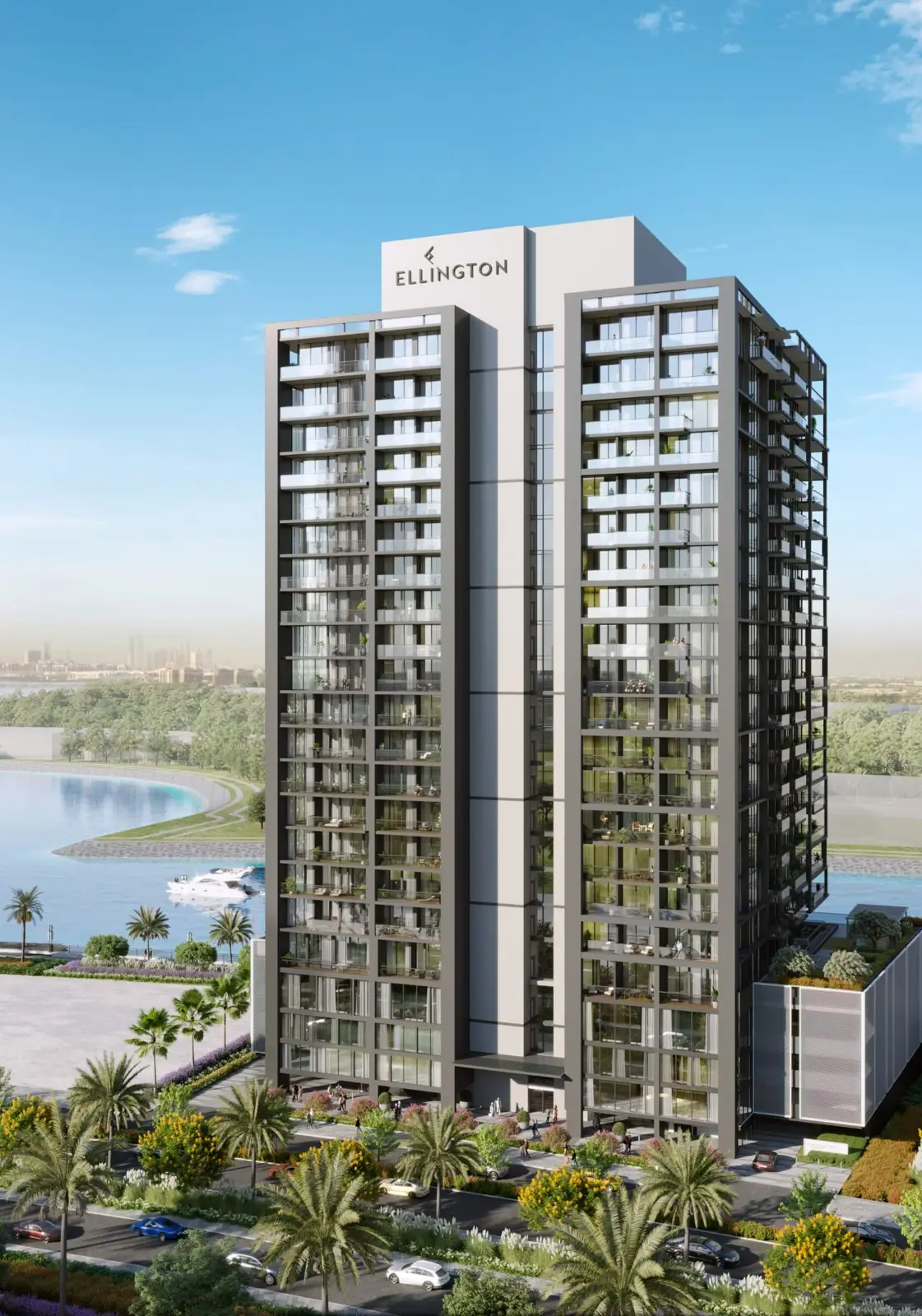 Tower front view with lake and palm trees