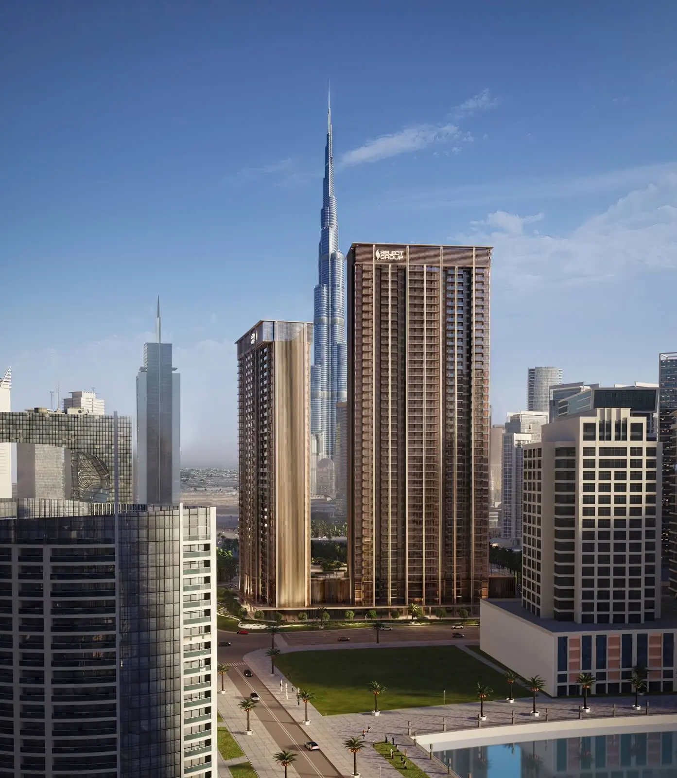 The two towers with the Burj Khalifa behind