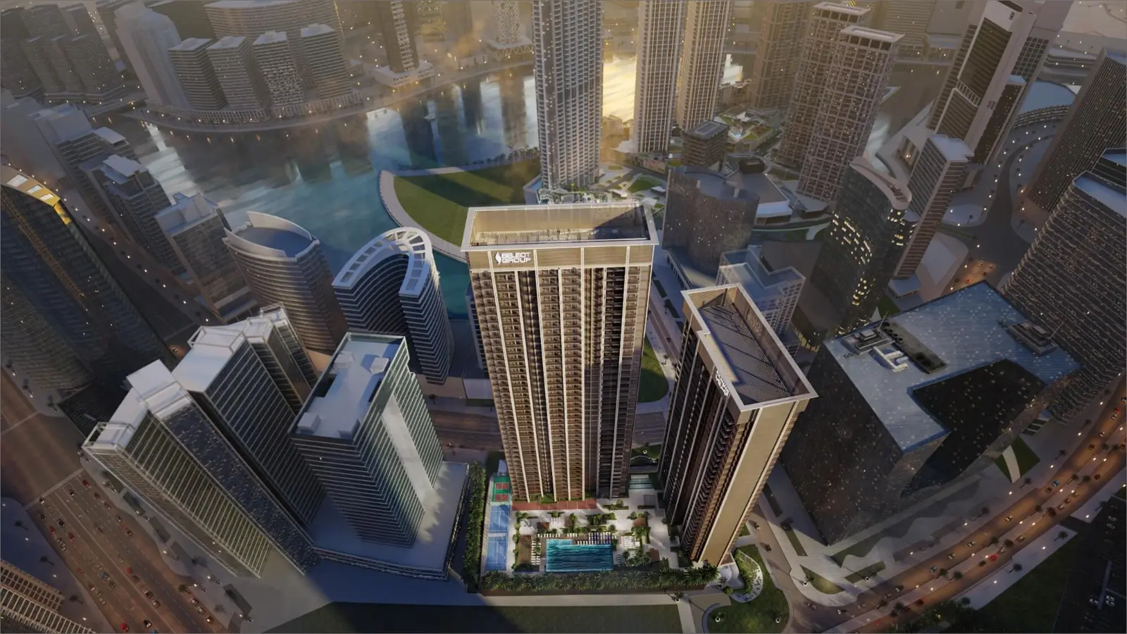 Aerial view of the two towers and podium pool