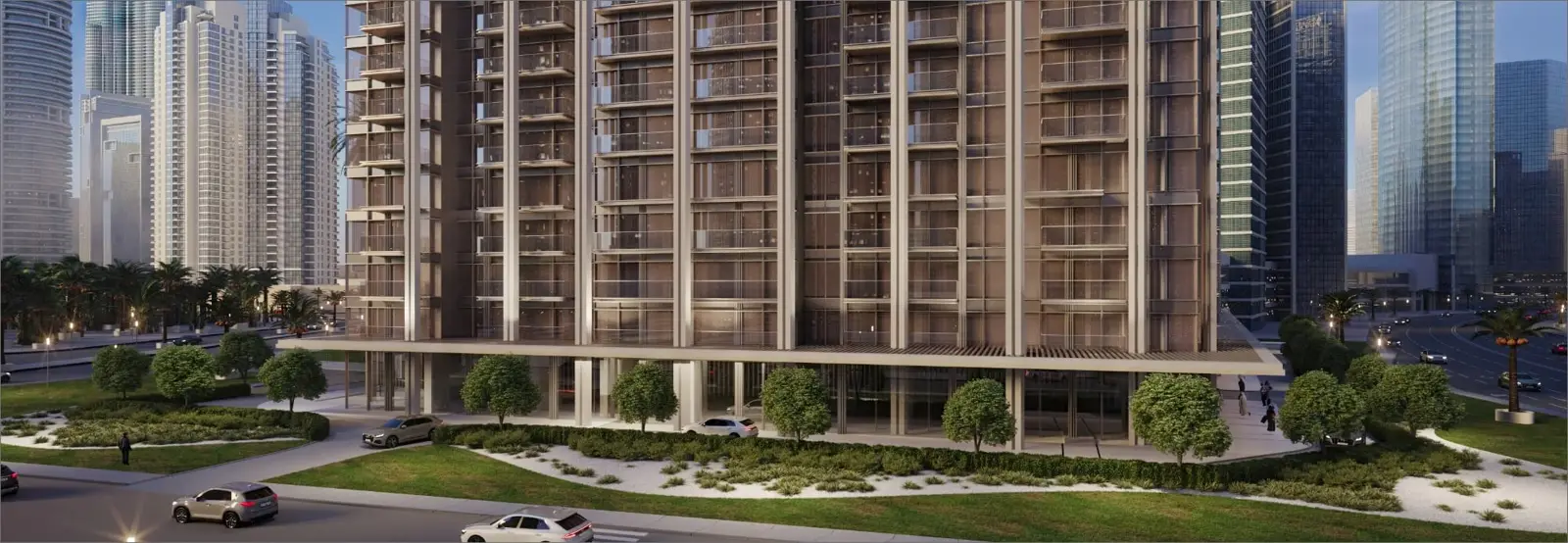 Tower base with landscaped grounds at street level