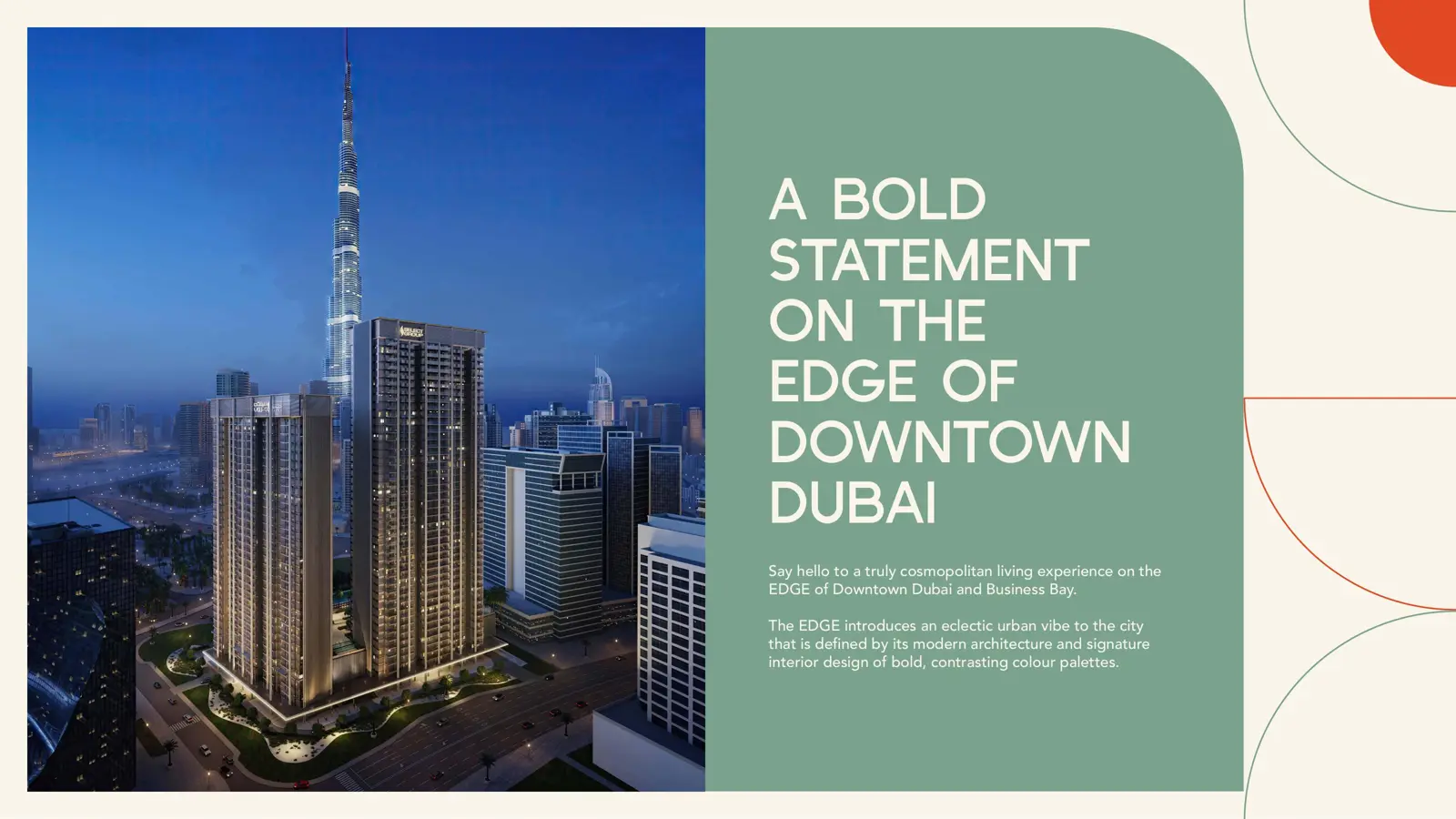 Twin towers at dusk beside the Burj Khalifa