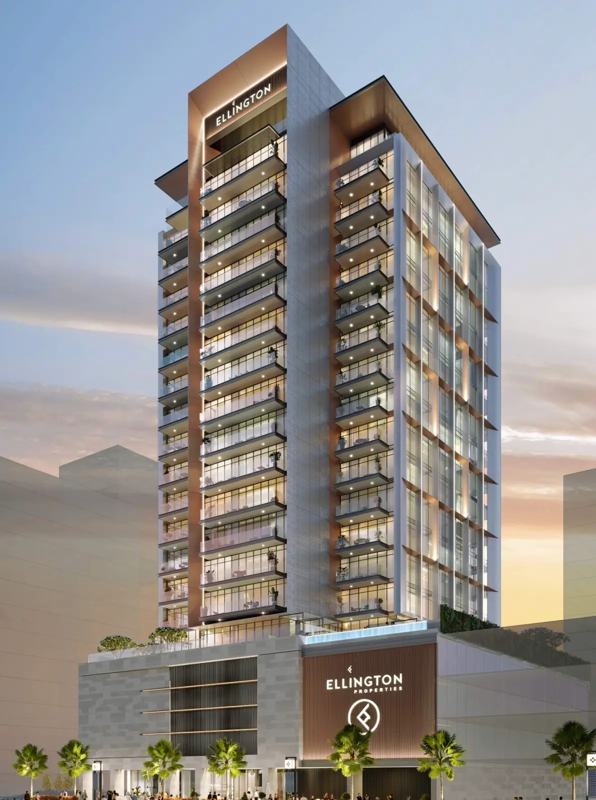 Full tower with balconies at dusk