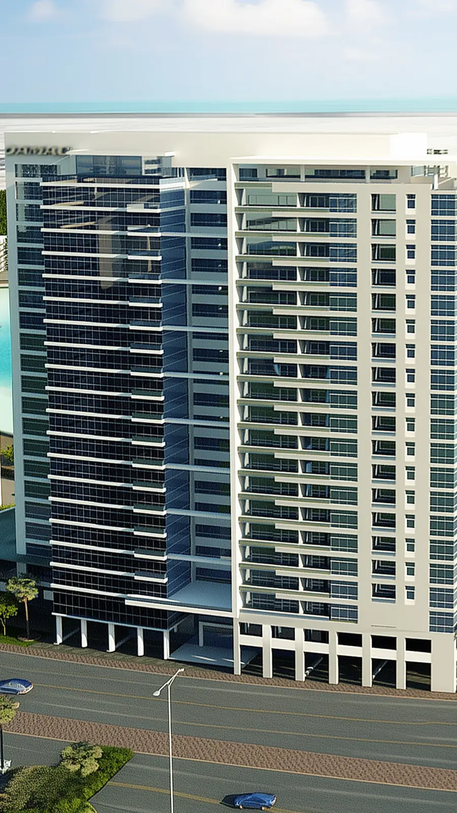 Mid-rise tower with glass and white facade beside a road