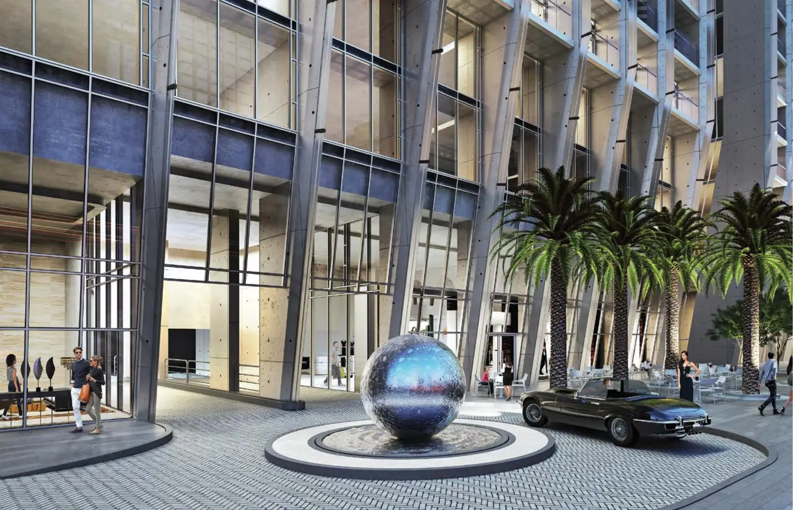Tower entrance with water sphere and palm trees