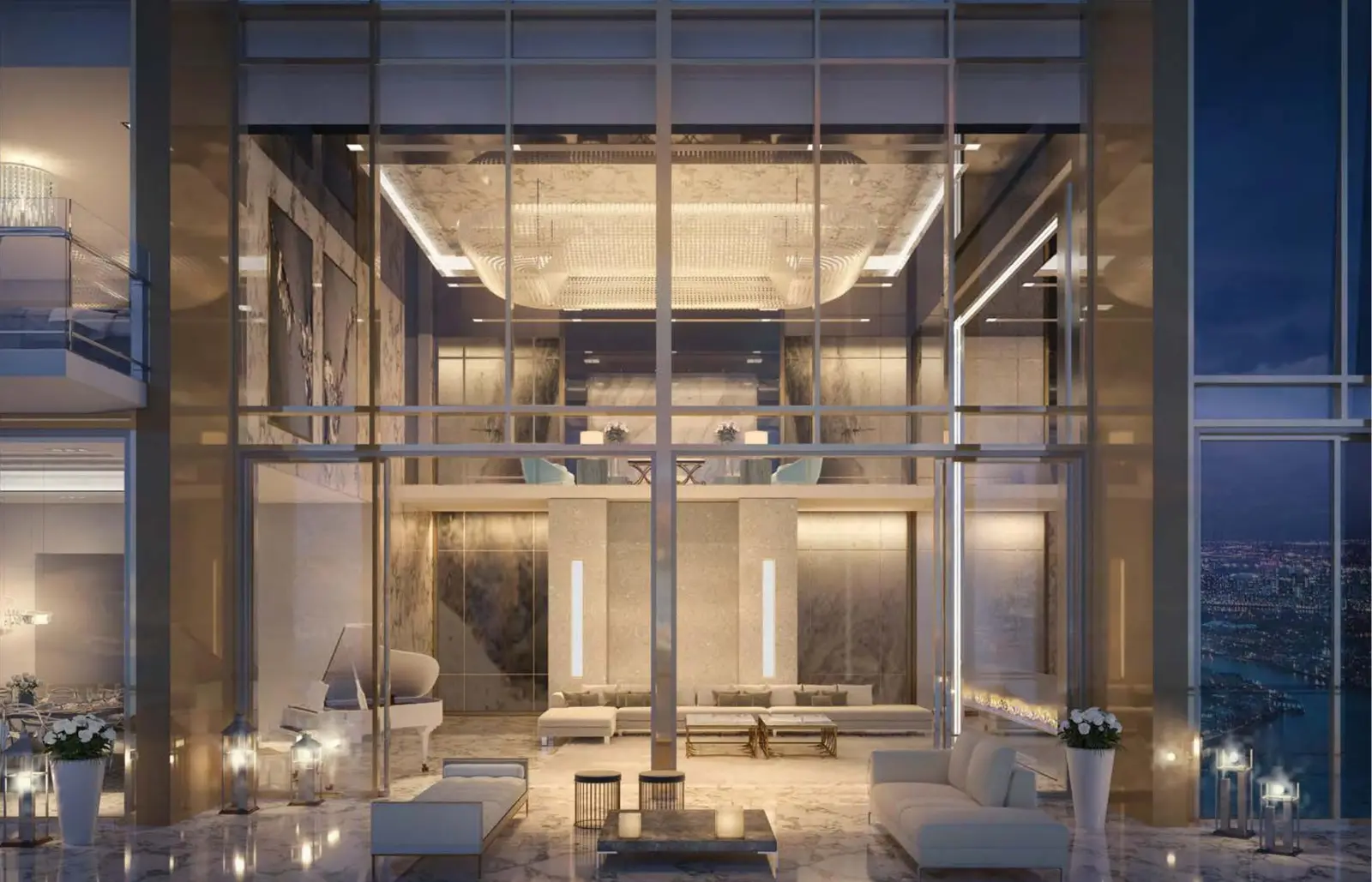 Double-height penthouse living room with piano and city view