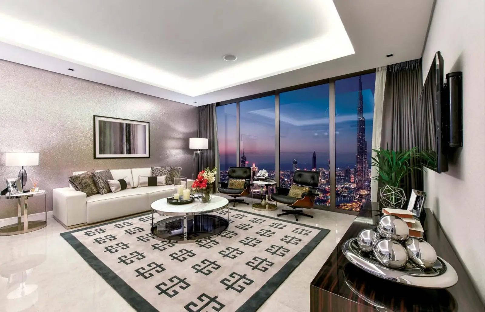 Living room with Burj Khalifa view at dusk
