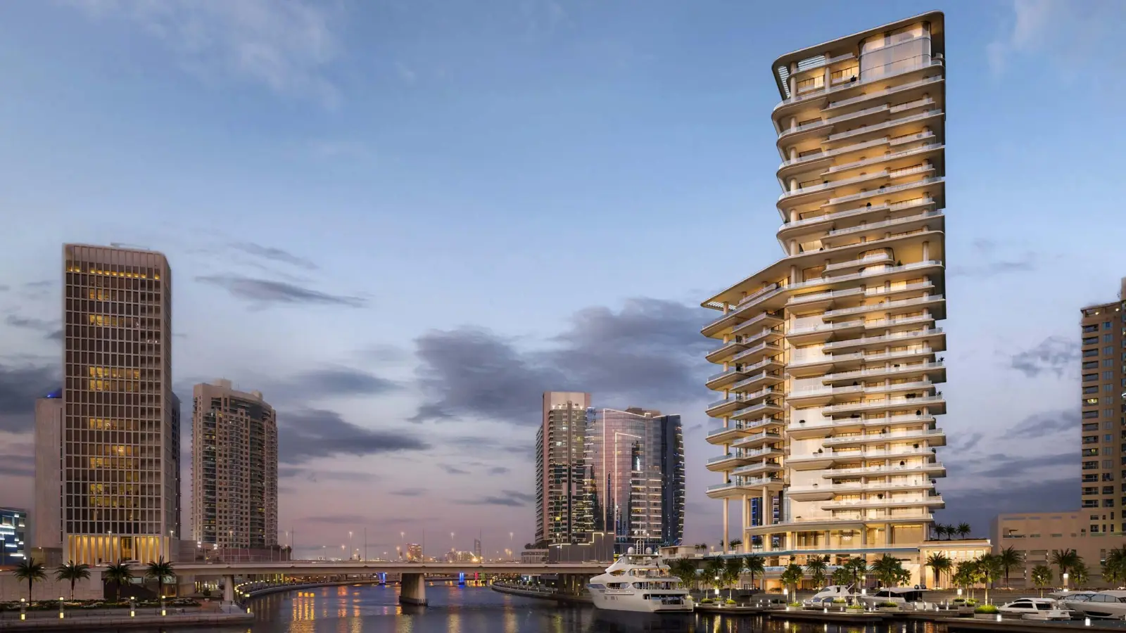 VELA tower beside the marina at dusk