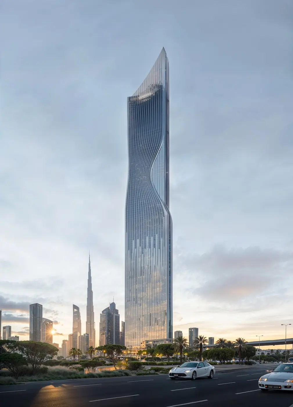 Twisting glass tower at dusk beside a road