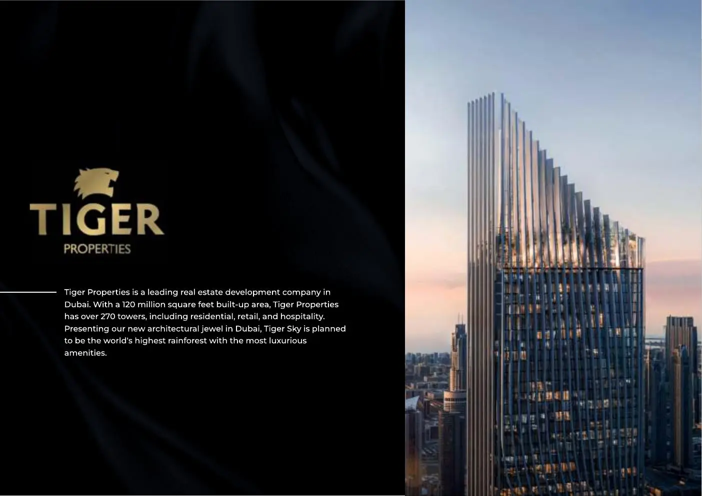 Ribbed glass tower at dusk beside Tiger Properties logo