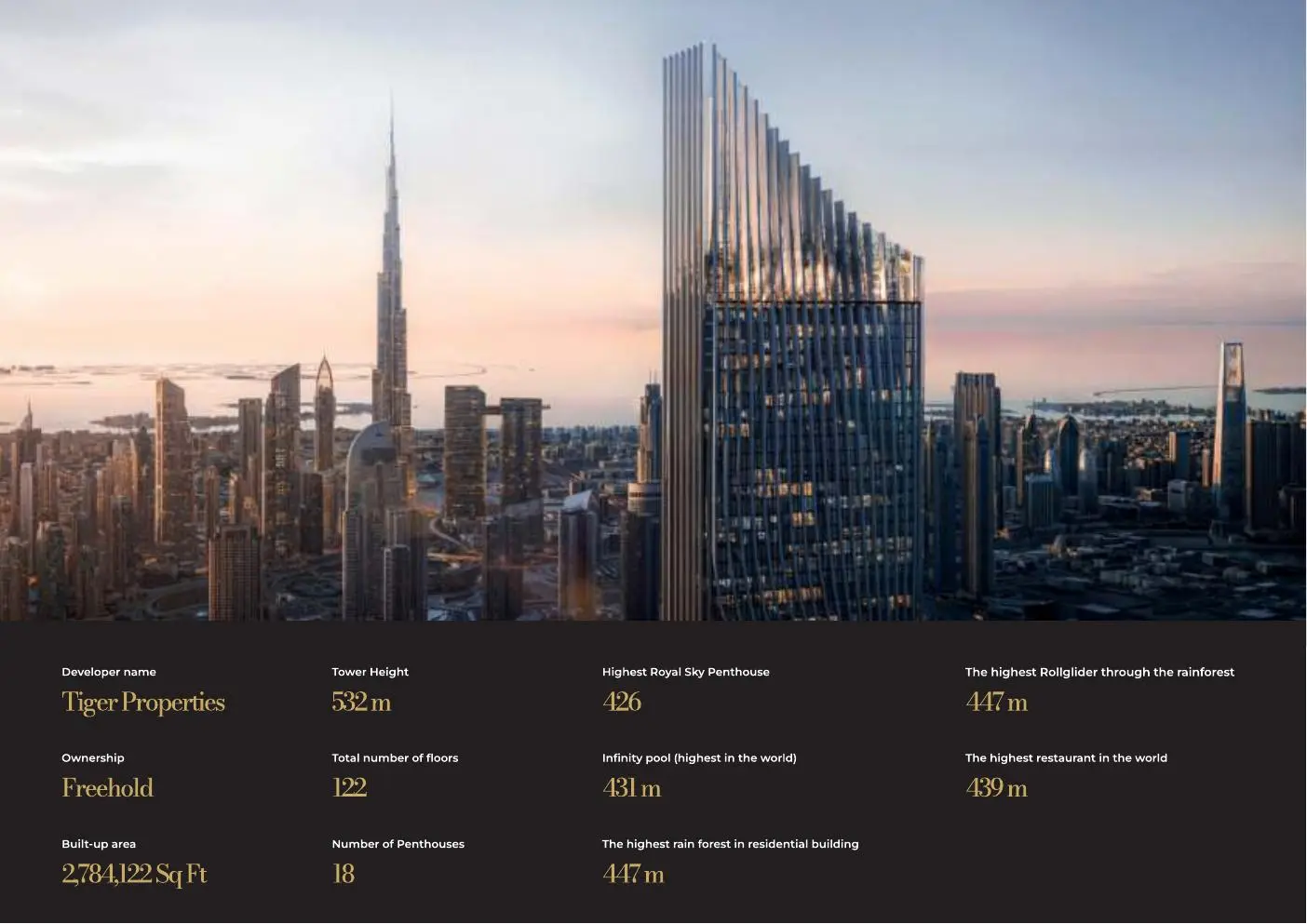 Tower beside Burj Khalifa with key figures